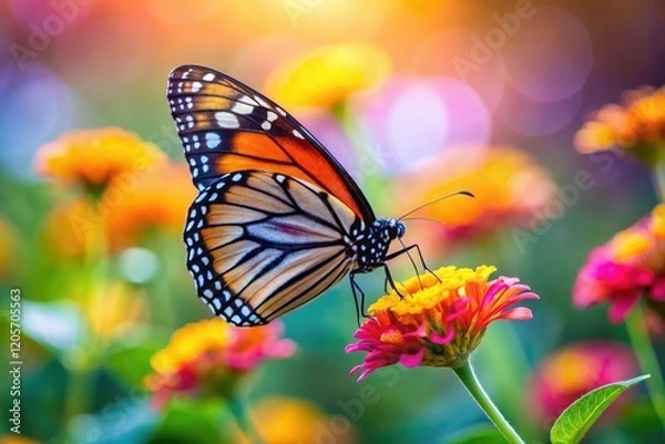 Fototapeta A close-up shot of a butterfly perched on a colorful flower, with a blurred background, insects on flowers, insects, color photography, macro photography