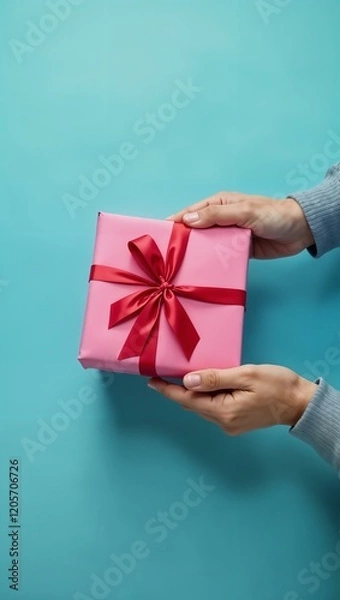 Fototapeta A pair of hands gently holds a pink gift box tied with a red satin ribbon, set against a turquoise background. The vibrant colors and neat composition evoke feelings of celebration and joy.