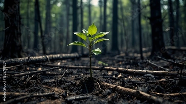 Fototapeta A small green sapling emerging from a burnt forest floor, symbolizing resilience, hope, and the power of regeneration.