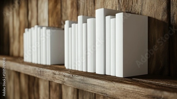 Fototapeta White books on rustic wooden shelf, library background, mockup