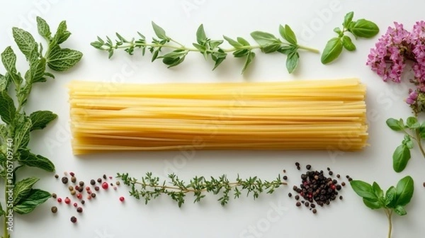 Fototapeta fresh herbs, spices and pasta
