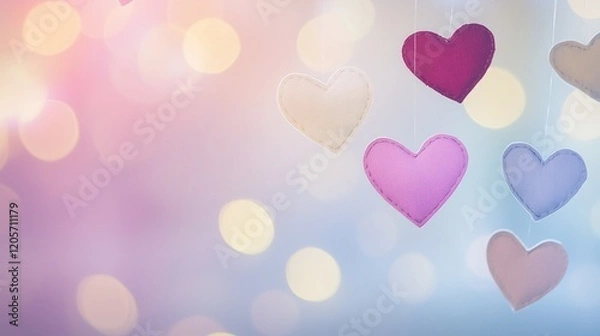 Fototapeta A group of colorful fabric - made heart shapes hanging against a soft, bokeh - filled background in shades of pink and blue, evoking a romantic and dreamy atmosphere.