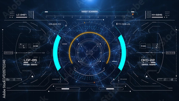 Fototapeta Aerial view HUD digital futuristic surveillance monitor screen display.