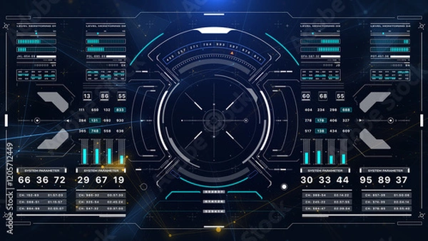 Fototapeta HUD Futuristic UI Control Interface Screen Panel Motion Background. Abstract Particle Organic Wave Floating Background In Hi Technology Future Frame Illustration.