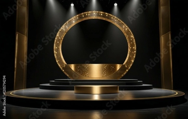Fototapeta cinematic stage spotlights, golden particle atmosphere, dramatic upward beams, glowing floor reflection, starry lighting effect, dark luxury backdrop, premium awards ceremony scene