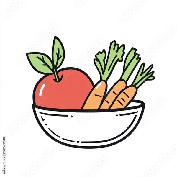 Obraz Apple and carrots in bowl; healthy snack; white background;  illustration for recipe or health blog