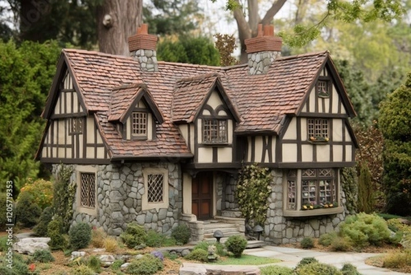 Fototapeta A Tudor style house charming miniature house with a mix of stone and timber framing, featuring a steeply pitched roof and decorative windows. Surrounded by lush greenery and a well-maintained garden.
