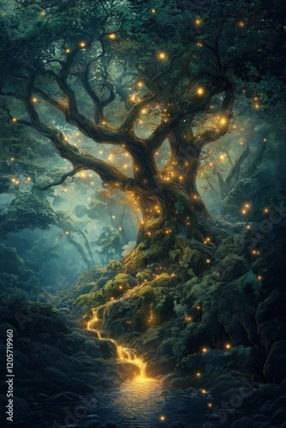 Fototapeta A tree with glowing leaves and a stream of light coming from it