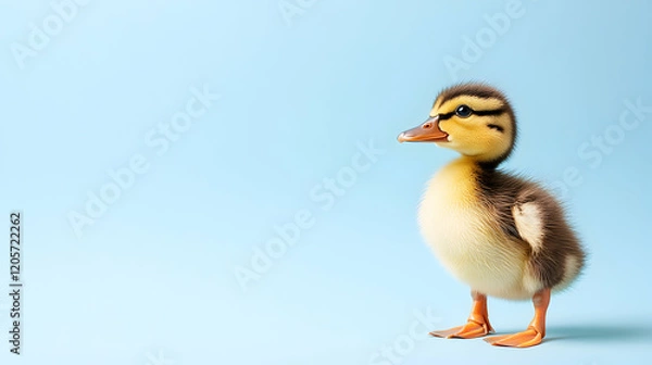 Fototapeta Adorable Duckling on Light Blue Background with Soft Focus Effect