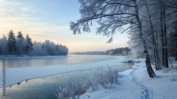 Fototapeta This photograph captures a serene winter scene featuring a partially frozen river or lake,