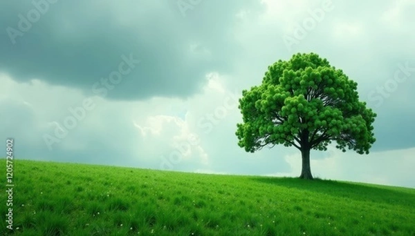 Obraz Overcast sky with a lone tree in the distance, leafy greens, overcast sky
