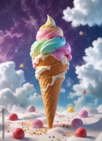 Obraz A colorful ice cream cone floating in the clouds with sugar sprinkles and gelatin pieces suspended around it, confectionery , colorful sweets