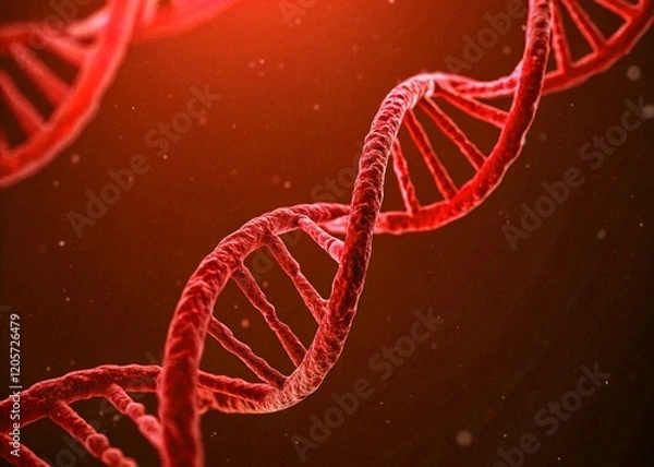 Fototapeta Close up view of double helix DNA structure in vibrant red hues