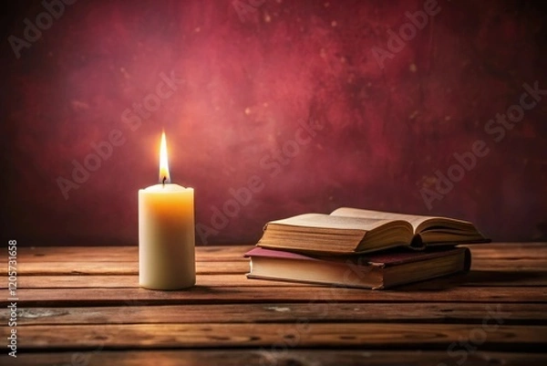 Fototapeta A solitary candle standing on a wooden table set against a deep maroon background with scattered books and papers, home office setup, peaceful atmosphere