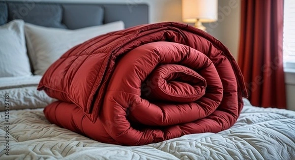 Fototapeta Cozy red folded comforter neatly placed on bed