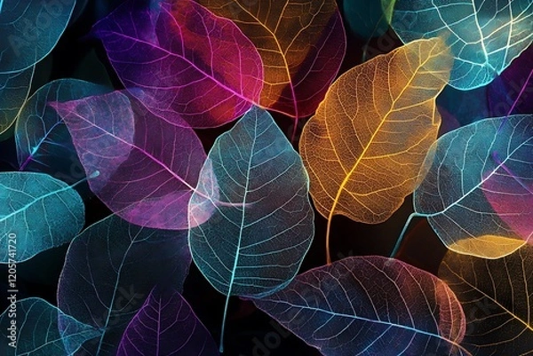 Fototapeta Vibrant Neon Leaves on Dark Background