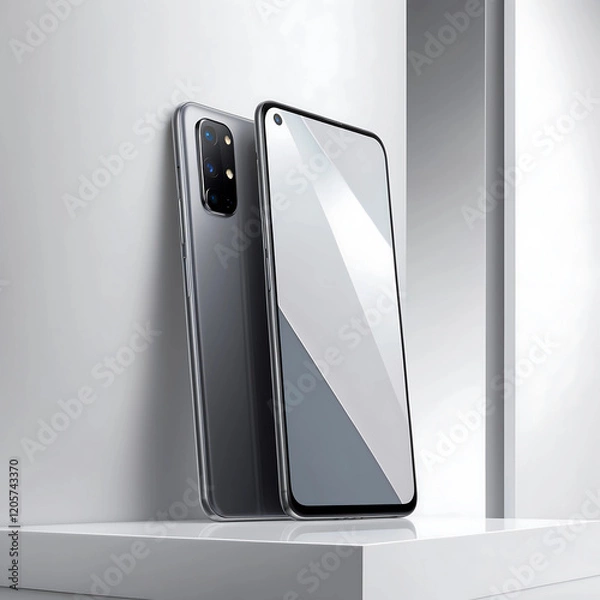 Obraz A sleek, cutting-edge smartphone design with bold, geometric outlines, devoid of any additional features or embellishments, set against a clean, pure white background, with a subtle, soft gradient tha