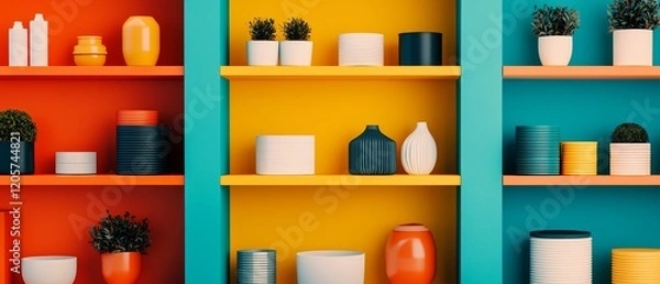 Fototapeta A vibrant display of decorative items and plants on colorful shelves, showcasing a harmonious blend of shapes and colors.