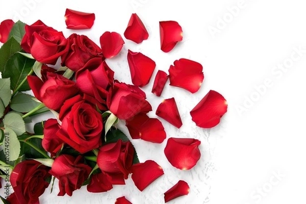 Fototapeta Romantic red roses on white background, with blank space for customized content, perfect for valentine's day, engagement, wedding, anniversary, love gift. With blank space for customized content.