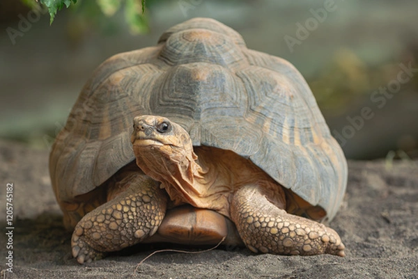 Obraz  radiated tortoise, (Astrochelys radiata) , walking on a sandy surface, front image