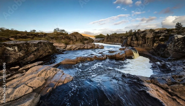Fototapeta Stunning panoramic view of a river cascading over rocky terrain.  The image captures the dramatic contrast between the dark, textured rocks and the frothy white water.