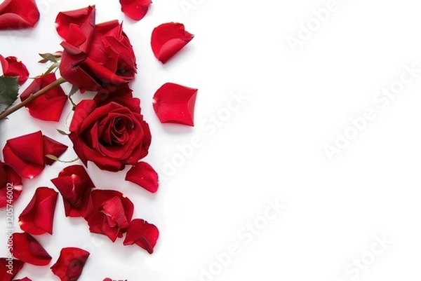 Fototapeta Romantic red roses on white background, with blank space for customized content, perfect for valentine's day, engagement, wedding, anniversary, love gift. With blank space for customized content.
