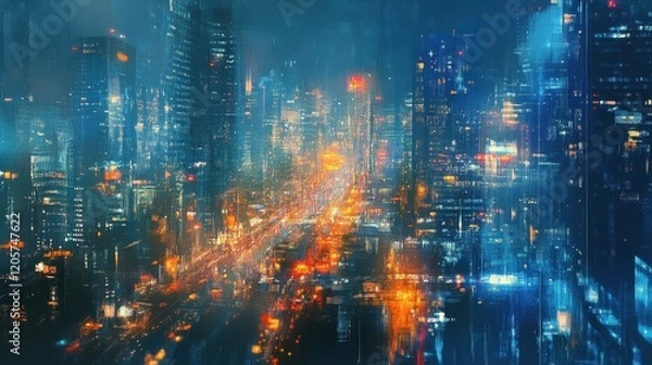 Fototapeta City nightscape bokeh in blues and oranges, urban and dynamic composition 