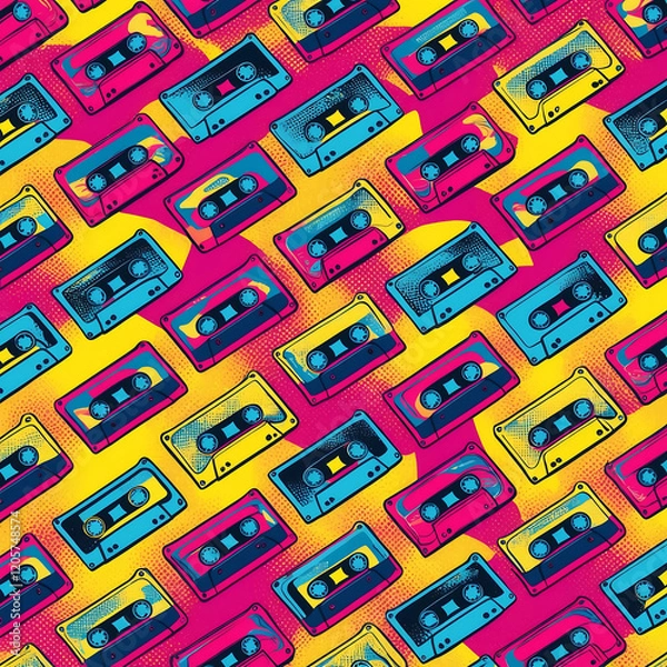 Fototapeta A vibrant, professional graphic design in a pop art style, featuring a seamless repeating pattern of vintage cassette tapes in bold, retro colors such as hot pink, electric blue, and sunshine yellow, 