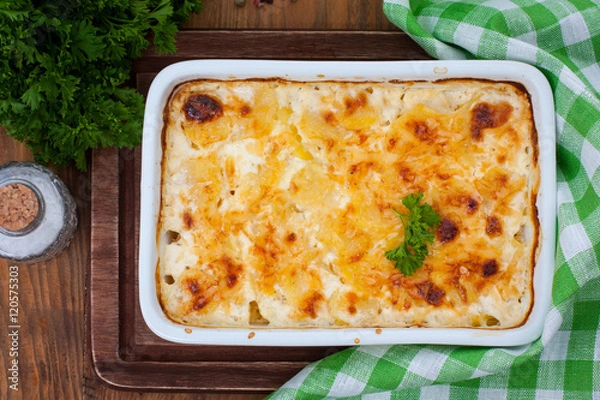 Obraz Gratin potatoes with cheese, top view