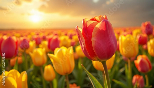 Fototapeta Vibrant close-up of colorful tulips blooming in a vast field under soft golden light on a sunny spring day
