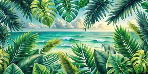 Fototapeta Lush Tropical Foliage Frames a Serene Ocean Vista at Sunset, Waves Gently Crashing on the Shore, a Peaceful and Idyllic Scene