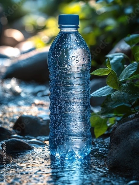 Fototapeta A clear water bottle stands in a stream, surrounded by rocks and greenery.