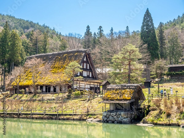 Fototapeta Gassho-zukuri settlement, building in Gifu style, old classic house style in Gifu area of Japan, for durable and protection from cold in winter 