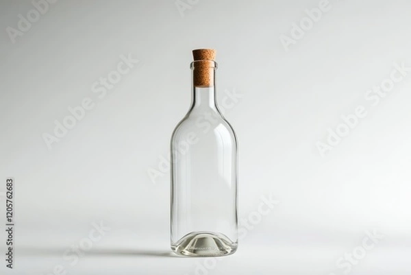 Obraz A clear glass bottle with a cork stopper on a minimalistic background, showcasing simplicity and elegance.