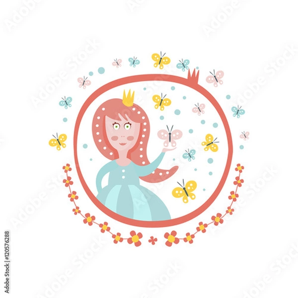 Fototapeta Crowned Princess Fairy Tale Character Girly Sticker In Round Frame