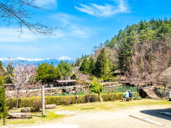 Fototapeta Gassho-zukuri settlement, building in Gifu style, old classic house style in Gifu area of Japan, for durable and protection from cold in winter 