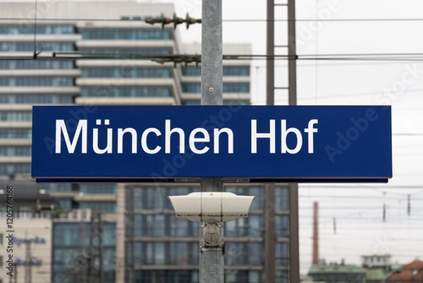 Fototapeta München Hbf (Munich Central Station) sign. Location name board at the train platform. Travel destination when using the public transportation services.