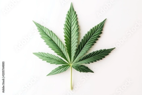 Obraz A vibrant green cannabis leaf displayed against a white background, showcasing its distinct serrated edges and healthy appearance.