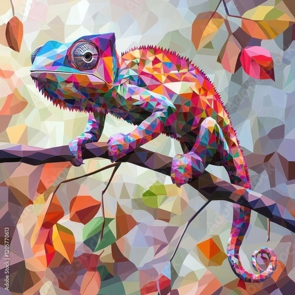 Fototapeta Colorful chameleon perched on branch, autumn leaves background, nature art