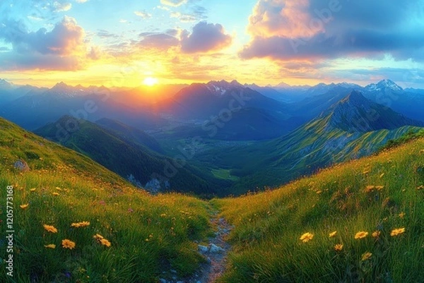 Fototapeta Golden sunrise illuminating a picturesque mountain valley with lush greenery and wildflowers

