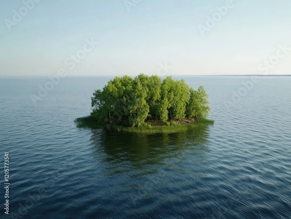 Fototapeta A small island covered with green trees in the middle of a calm blue lake under a clear sky