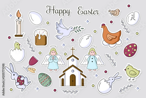 Fototapeta Set of Easter stickers in flat style with black outline