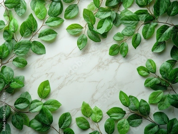 Fototapeta A flat lay of green leaves arranged on a marble surface, creating a natural aesthetic.