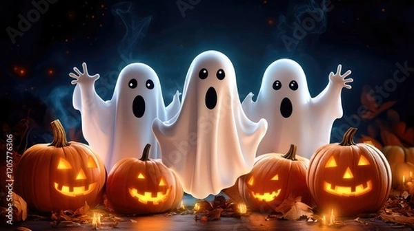 Fototapeta A whimsical Halloween scene featuring four cartoonish ghosts with large eyes,