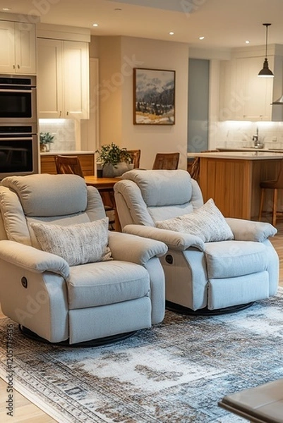 Fototapeta  Senior-friendly living room featuring furniture at ideal heights for sitting and standing. A comfortable and accessible space designed for relaxation and practicality.