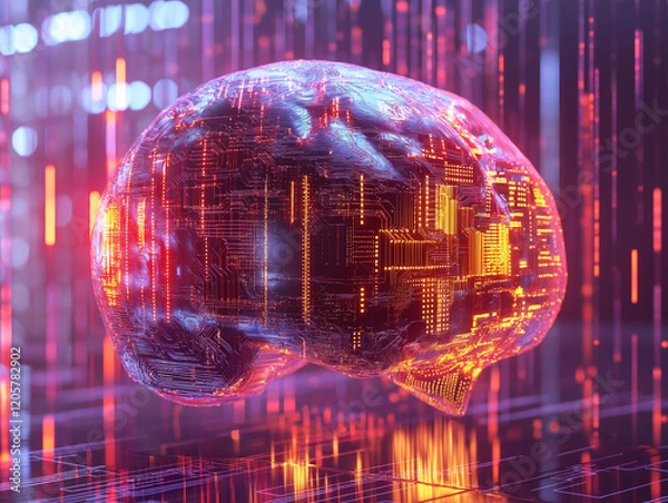 Fototapeta Information source retrieval conception. Digital brain image featuring glowing circuits and flowing elements.