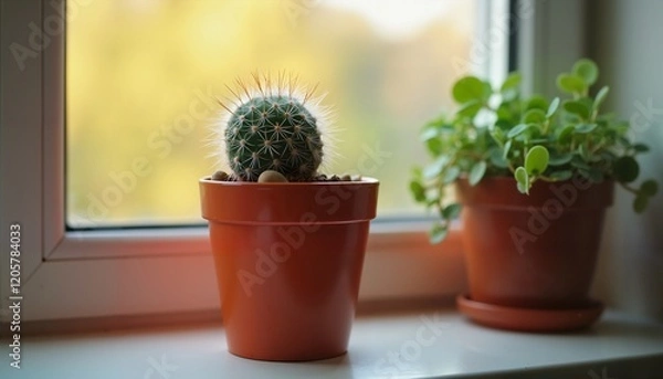 Obraz Potted Cactus and Succulent Duo on Sunny Windowsill, Perfect for Home Decor Inspiration