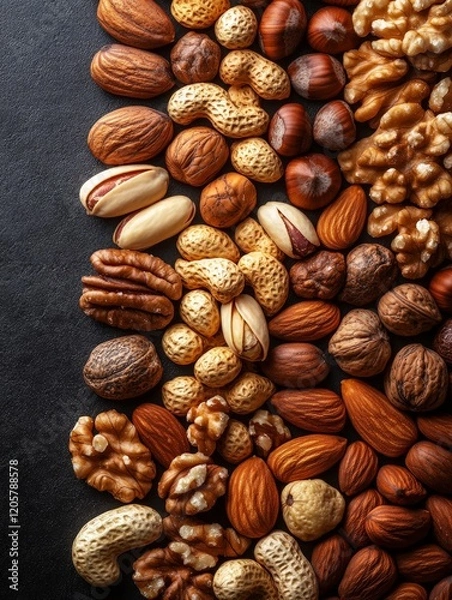 Fototapeta A variety of nuts arranged on a dark surface, showcasing their diverse shapes and textures.