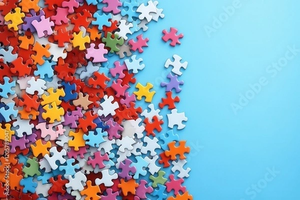 Fototapeta A vibrant and colorful assortment of jigsaw puzzle pieces scattered across a bright blue background, creating an engaging visual display. Games for the Whole Family: Play, connect, and enjoyd