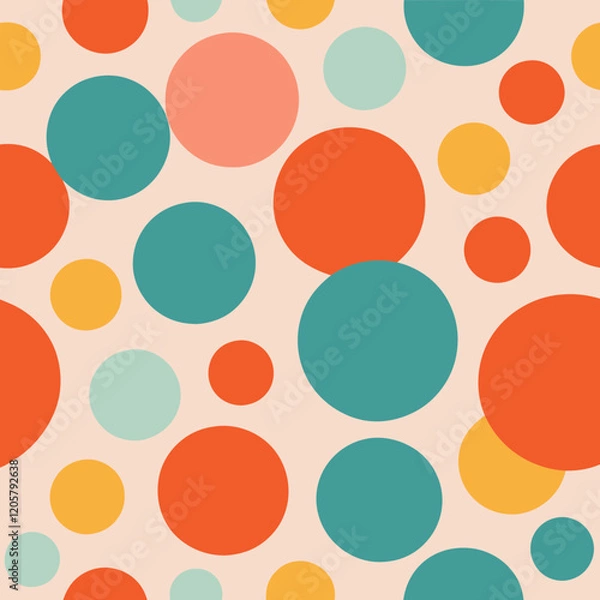 Fototapeta A playful, retro-inspired pattern featuring large, colorful dots in a random but balanced arrangement, with colors like turquoise, coral, and yellow on a pale pink background